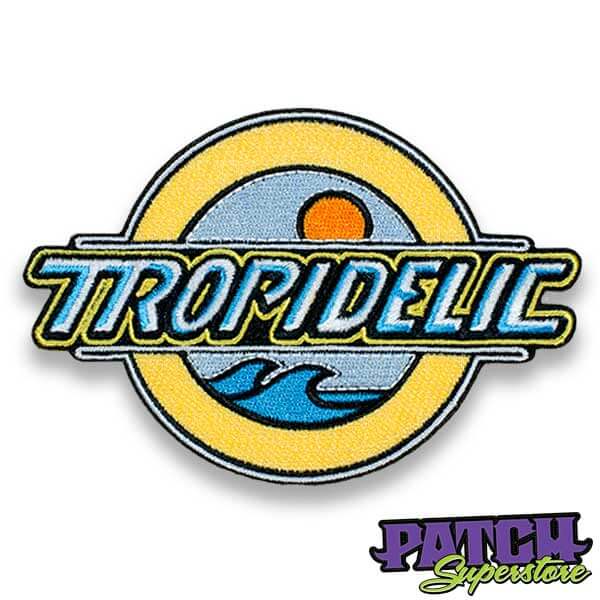 Embroidered custom patch tropidelic featuring waves and sun