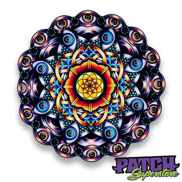 Printed custom patch with psychedelic pattern of eyes and mandala