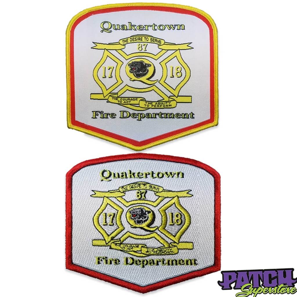 two custom embroidered patches, one is woven and the other is embroidered