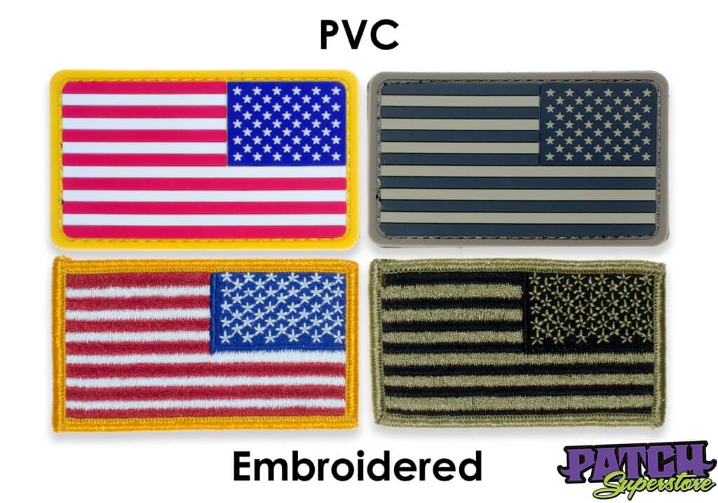 four custom embroidered patches, two are pvc and two are embroidered - they are american flags